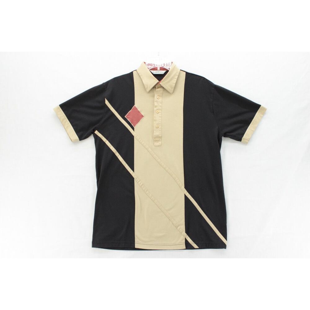 VTG Gabicci 4 Button Polo Shirt Mens Large Black Brown Colorblock Bowlers Retro